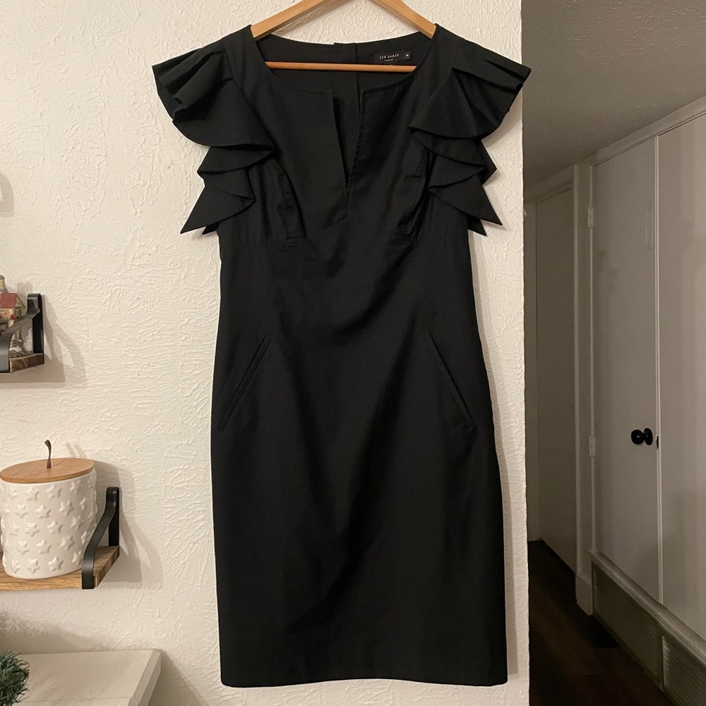 Ted Baker London Black Pencil Black Ruffle Sleeve Dress Size 4 - Picture 4 of 9